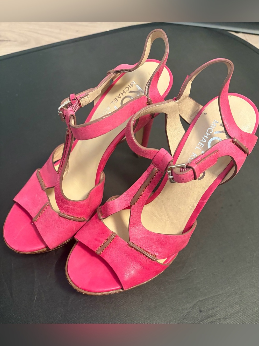 Michael Kors Hot Pink Platform Heels 7.5 Leather T Strap Y2K Stiletto Sandals